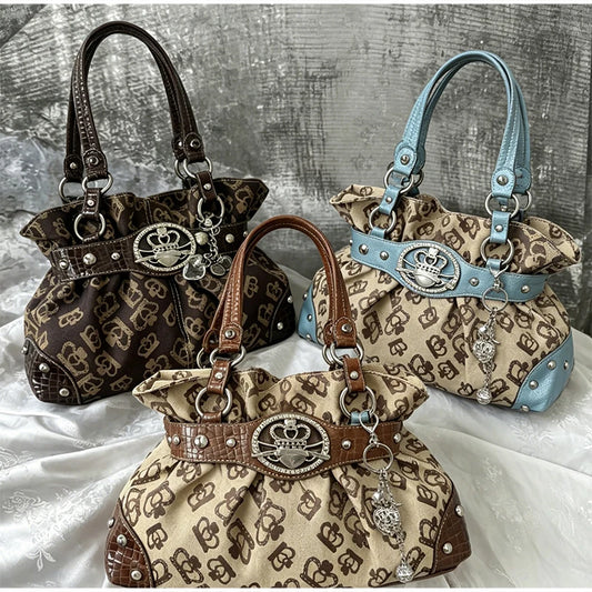 Vintage Y2k Print Shoulder Tote Bag Leather Splice Rivet Handbag Large Capacity Women Daily Commut Underarm Bag With Metal Decor