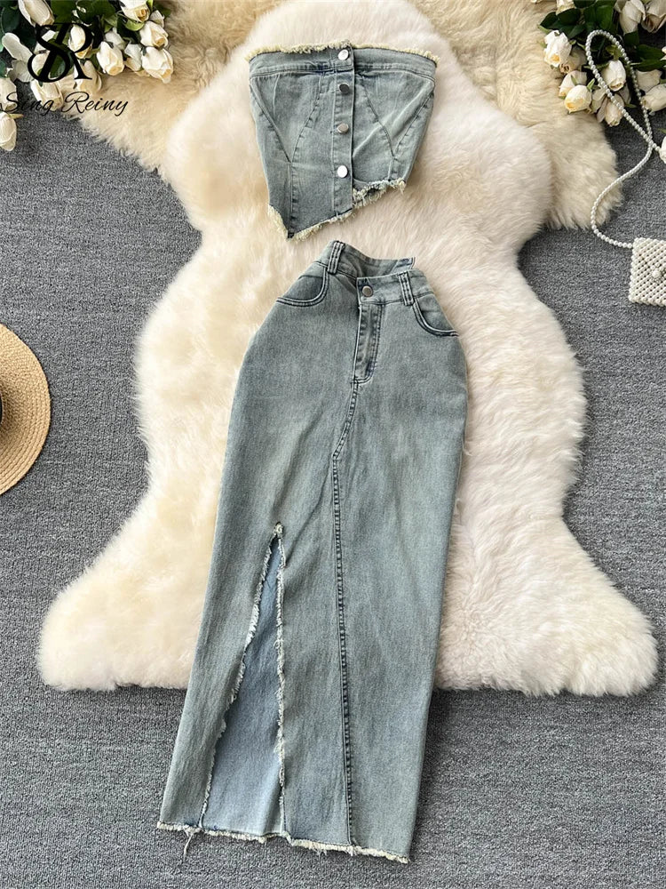 SINGREINY Irregular Denim Strapless Button Ruched Top + High Waist Pocket Split Skirt Set