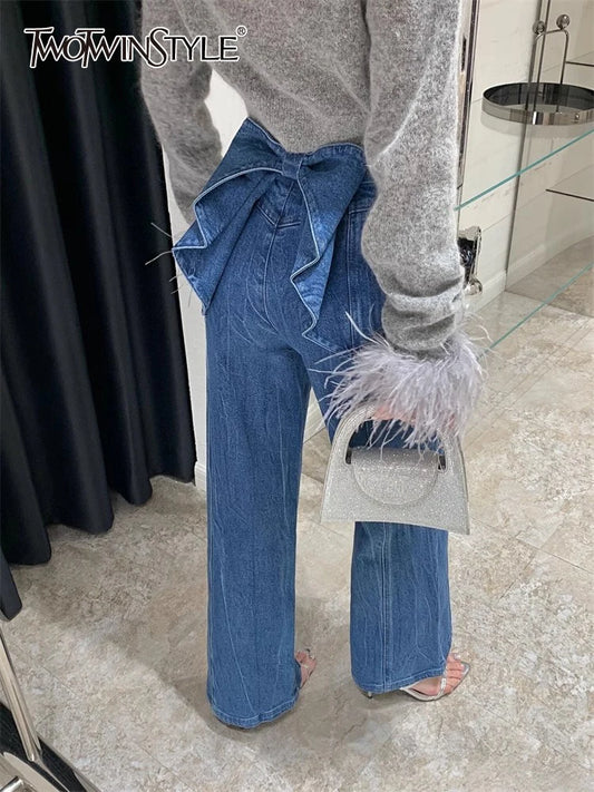 TWOTWINSTYLE Solid Designer Patchwork Bowknot Denim Pant