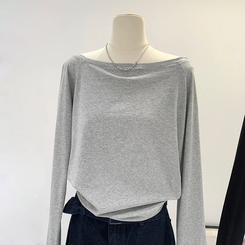 One Shoulder Cotton Slant Shoulder Long Sleeve Top