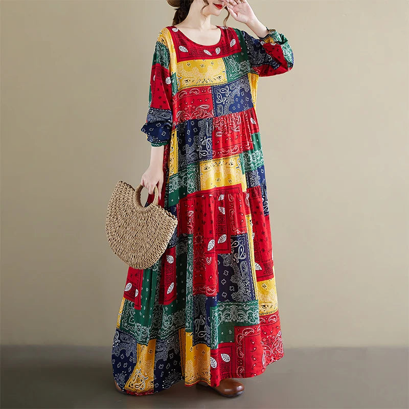 Round Neck Long Sleeve Gingham Pleated Dress