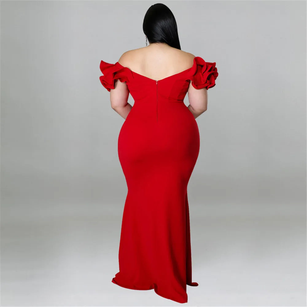 Wmstar Plus Slip Hem Ruffle Sleeve Maxi Dress