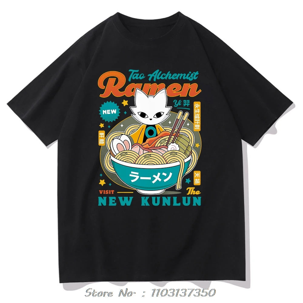 Nine Sols イーラーメン Tシャツ ファッション メンズ おしゃれ 面白い かわいい 猫 ヌードル Tシャツ 男女兼用 高品質 麺類 コットン Tシャツ トップス