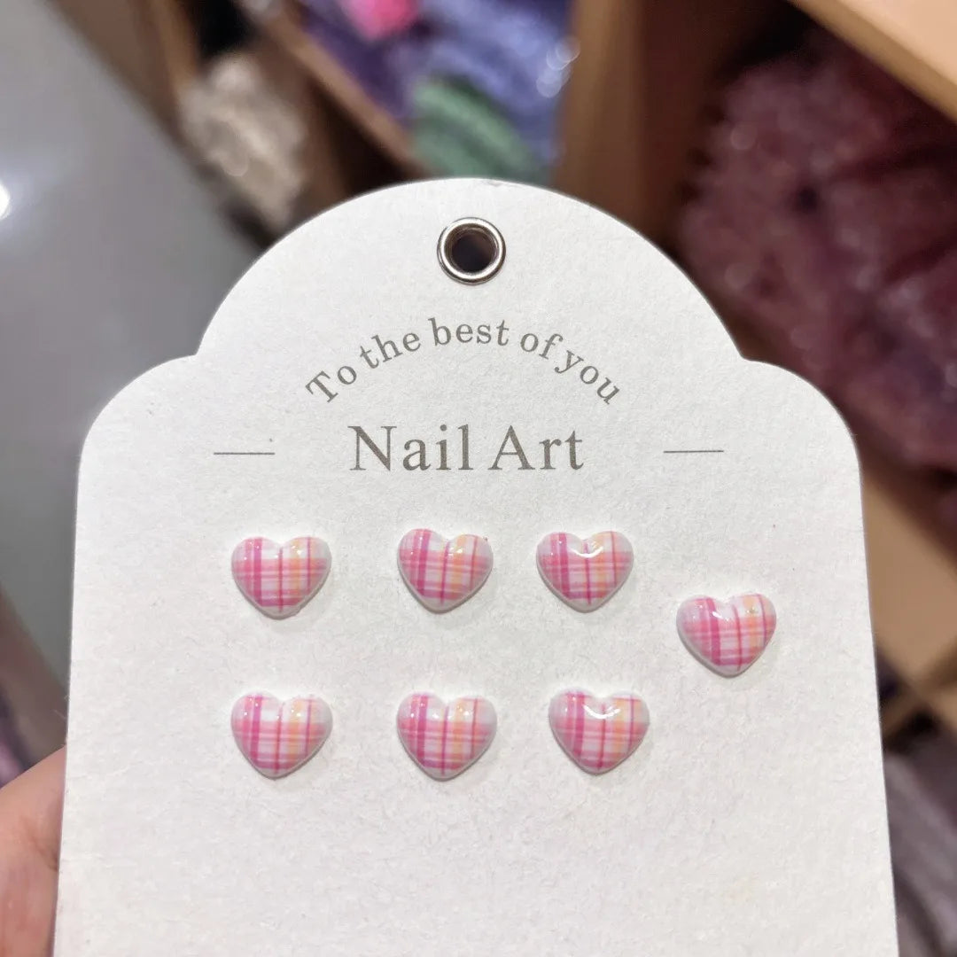 100Pcs 10×11mm Heart Plaid Nail Charms - 3D Sweet Girl Nail Art, Lovely Press-On Nail Decor for DIY Kawaii Manicures