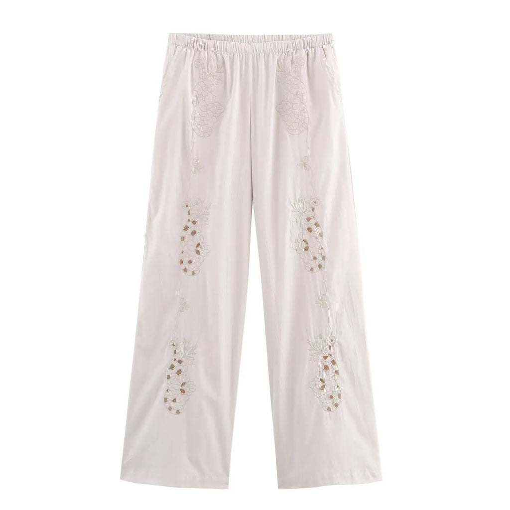 Backless Embroidery Strapless Sleeveless Poplin Top + Elastic Waist Pants