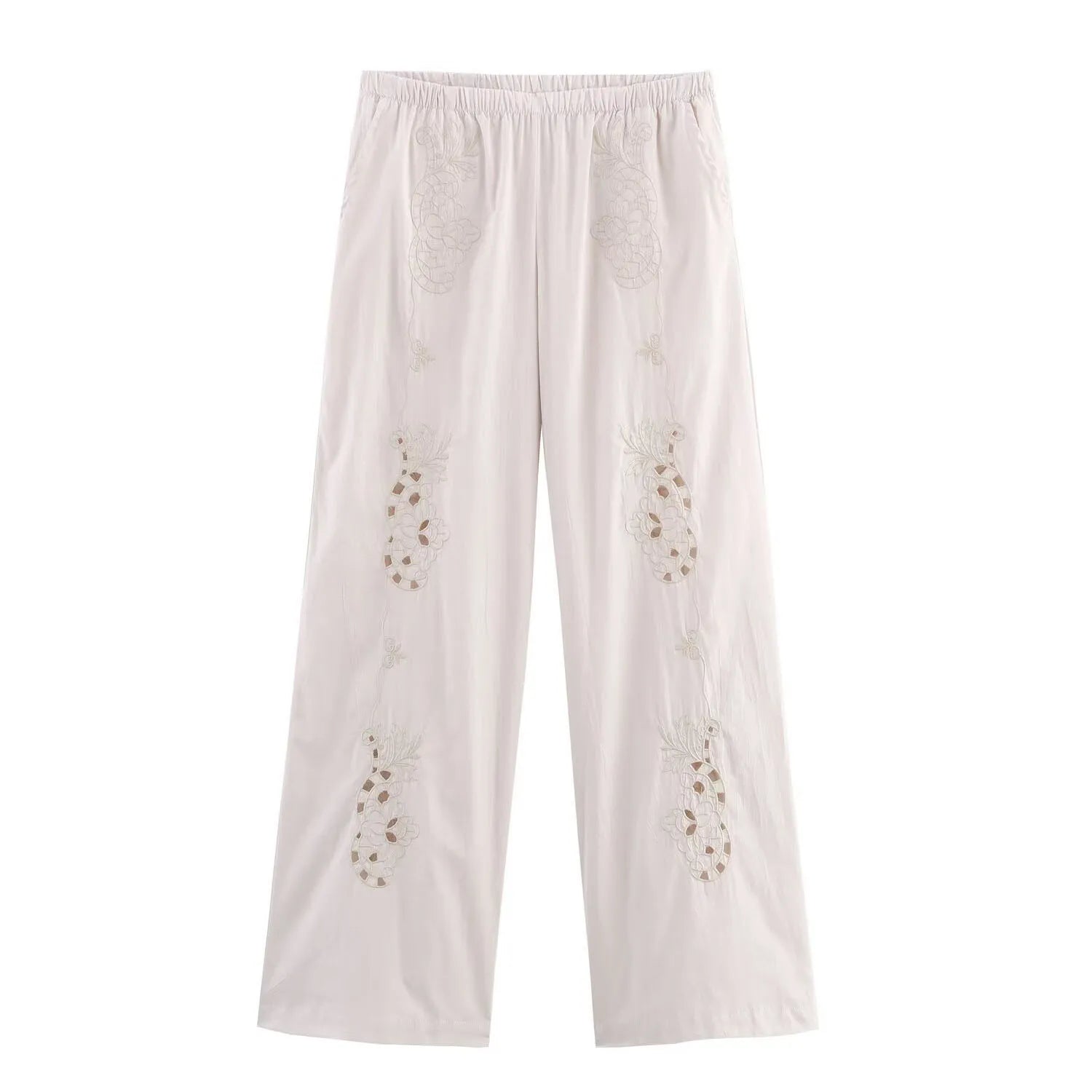 Backless Embroidery Strapless Sleeveless Poplin Top + Elastic Waist Pants