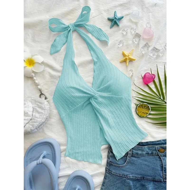V-neck Halter Neck Crop Top