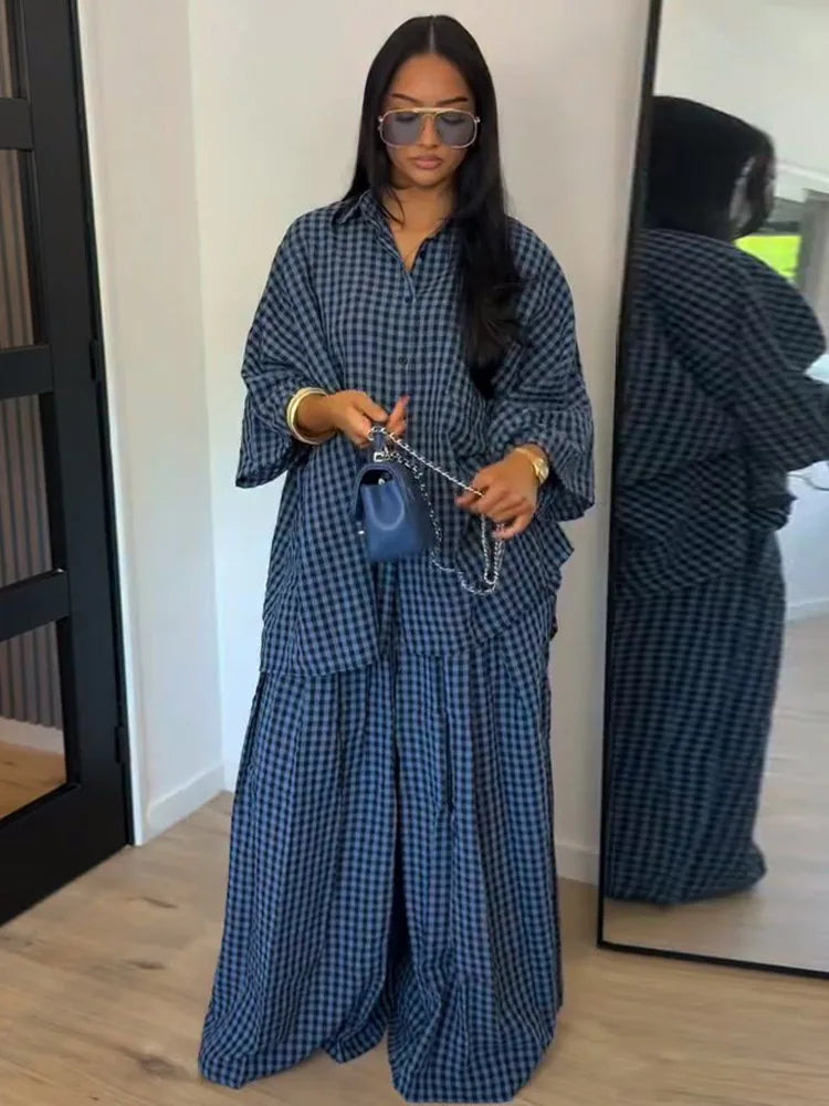 Turn-down Collar Full Sleeve Shirt Loose Bottom Plaid Set