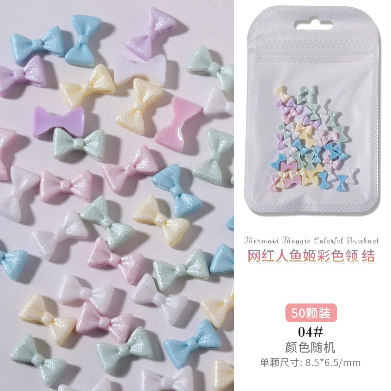 50PCS Aurora Acrylic 3D Nail Art Bow Charm For Nails Decoration Design Kawaii Manicure Accessories Bow-knot DIY Craft Supplies