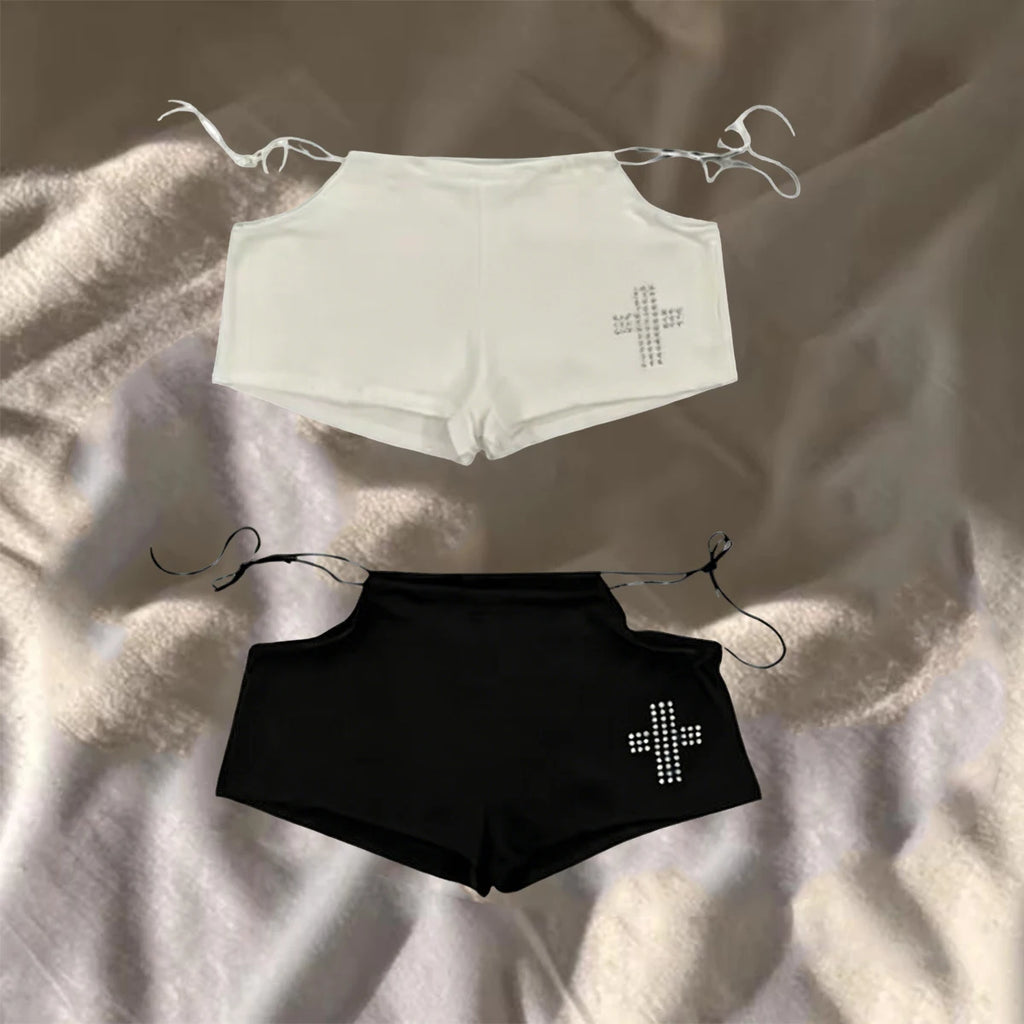 Cross Print Side Tie Low Rise Micro Shorts