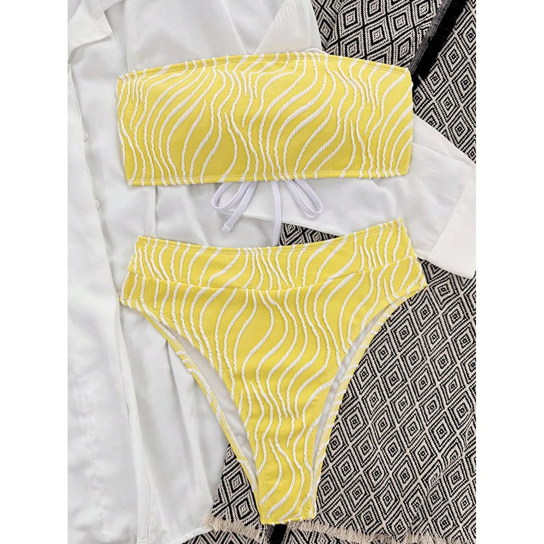 Veinkueeni Wave Striped Bandeau High Waist Bikini
