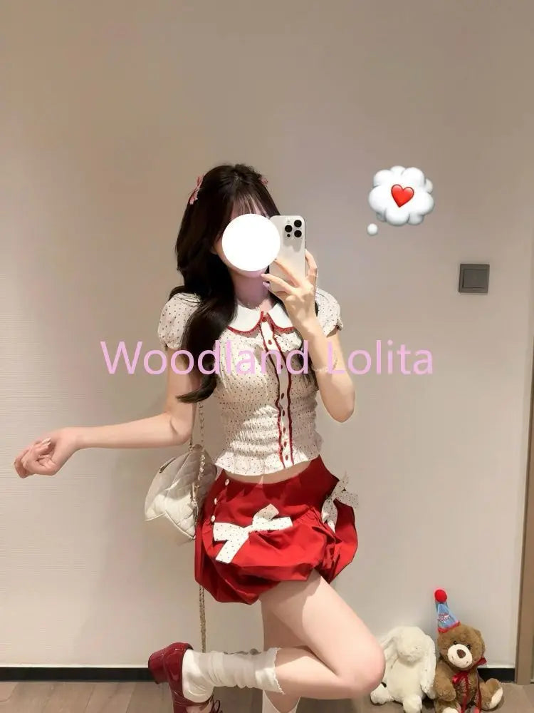 Polka Dot Top + Bow Mini Skirt
