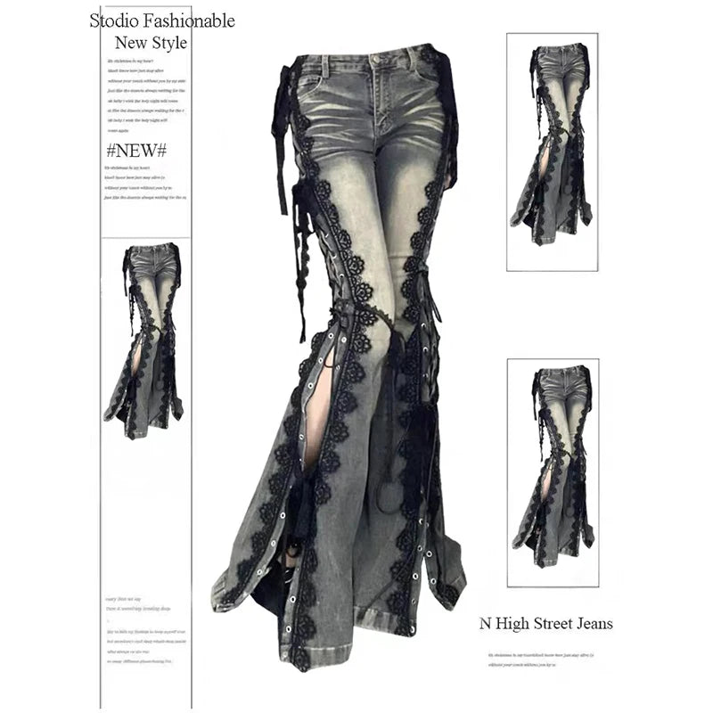 Low-Rise Lace-Up Flare Jeans with Vintage Wash and Black Lace Trim