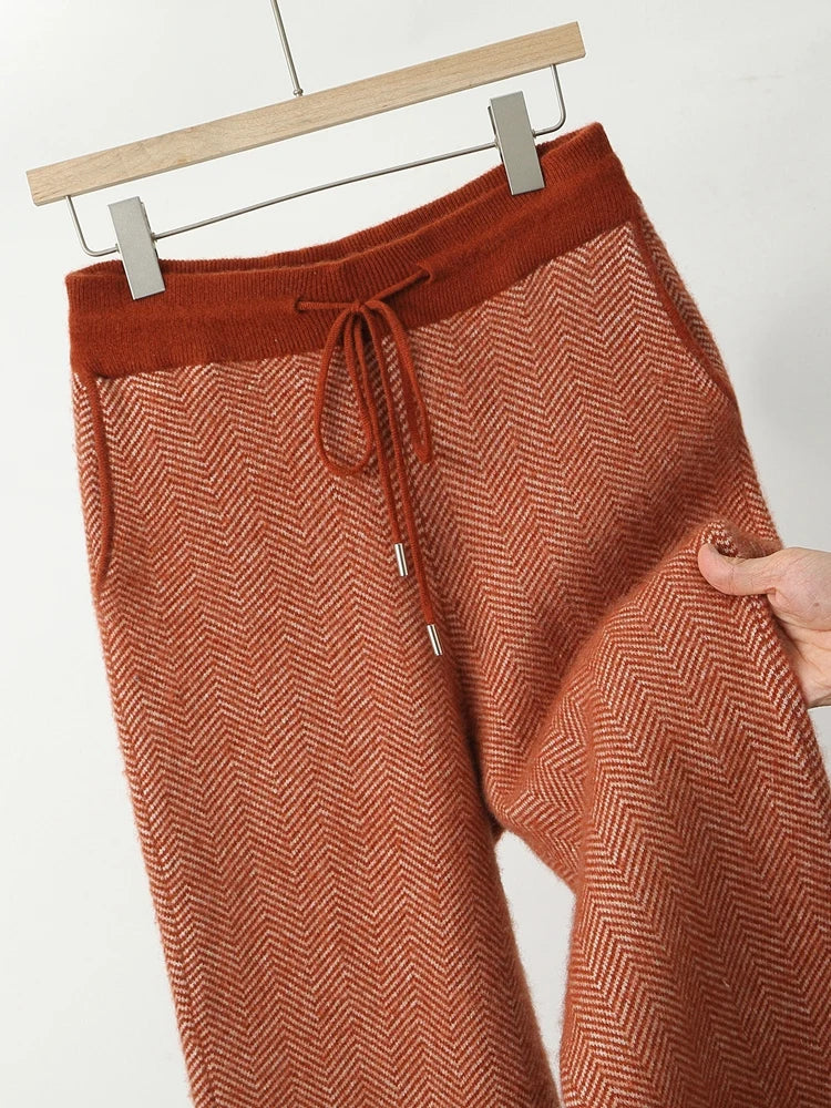 Merino Wool Sweater Cardigan Pants Autumn Winter Knitted Thick Soft Herringbone Color Blocking Pants Set