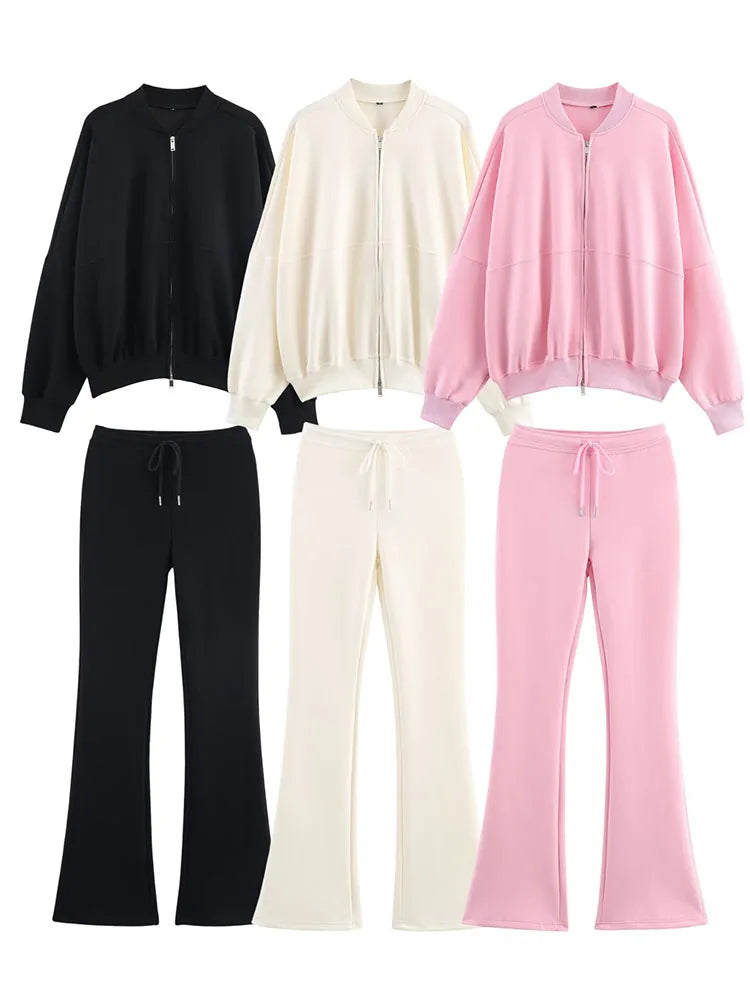 Solid Color Interlocked Pilot Jacket + High Waist Lace-Up Flared Pants Set