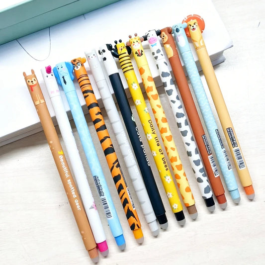 12 styles Cute Animal Erasable Pen 0.7mm Blue Ink Gel Pen Lion Elephant Unicorn Ballpoint Pen Writing Error Erasable for School