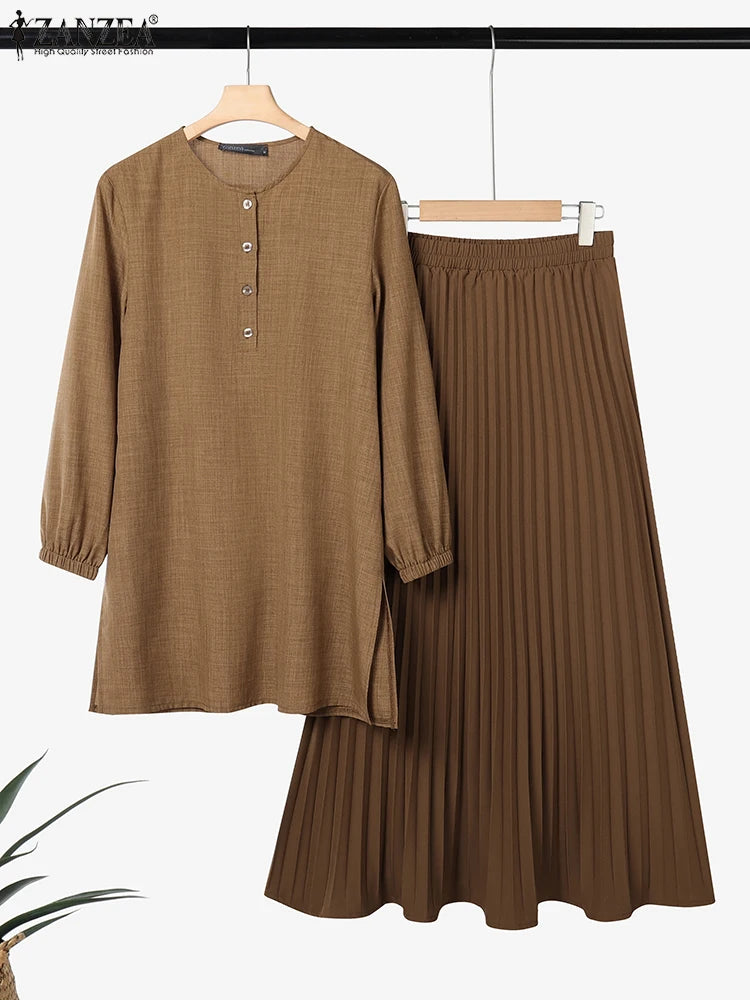 ZANZEA Autumn Muslim Two Piece Sets Women Outfits Casual Long Sleeve Long Tops Dress Sets Abaya Suit Dubai Hijab Tracksuit 2025