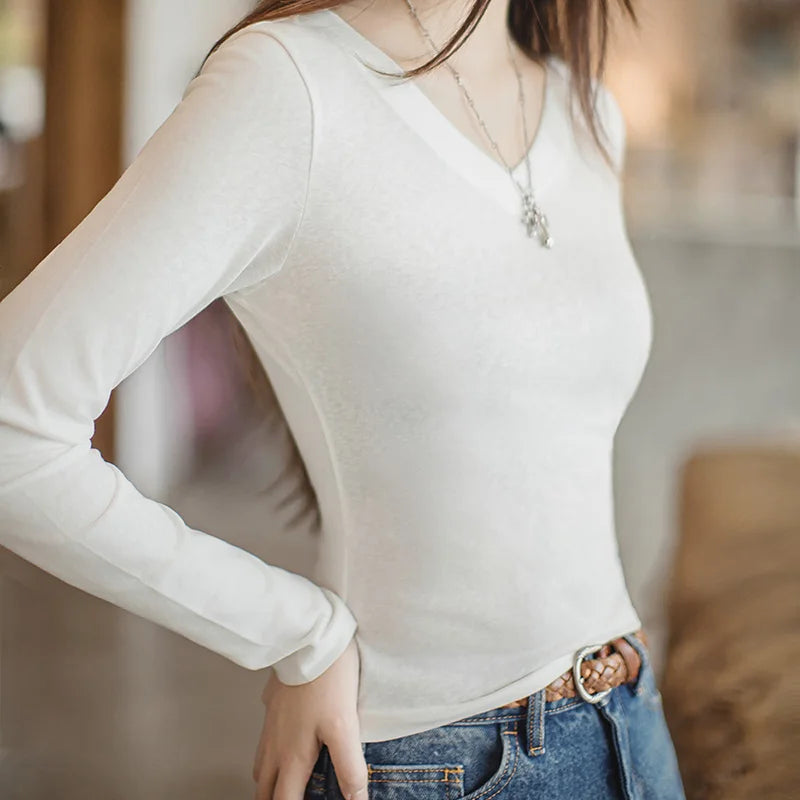 V-Neck Slim Fit Cotton Knit Long Sleeve Tee