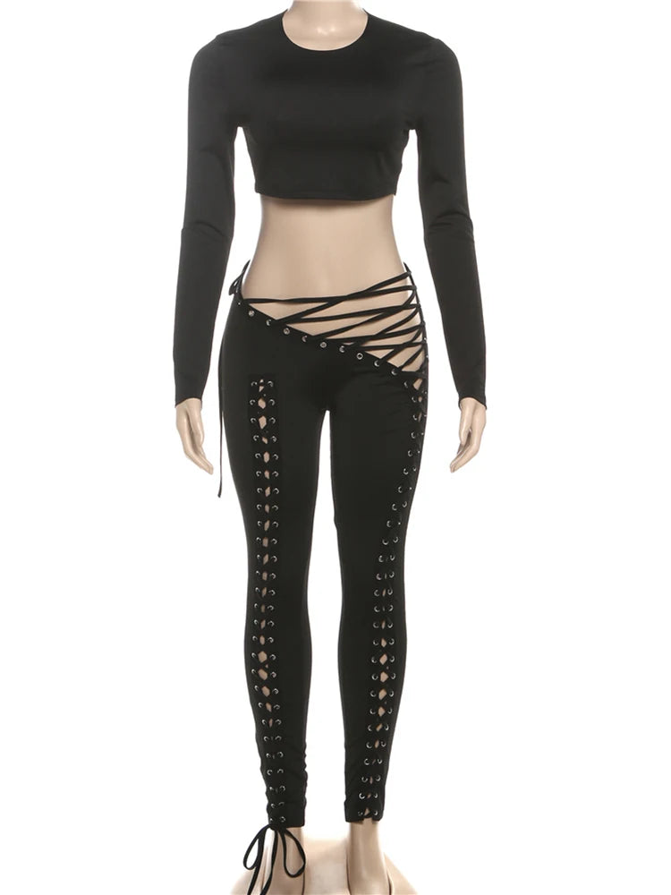 kliou Solid Full Sleeve Crop Top + Drawstring Slash Waist Pants Set