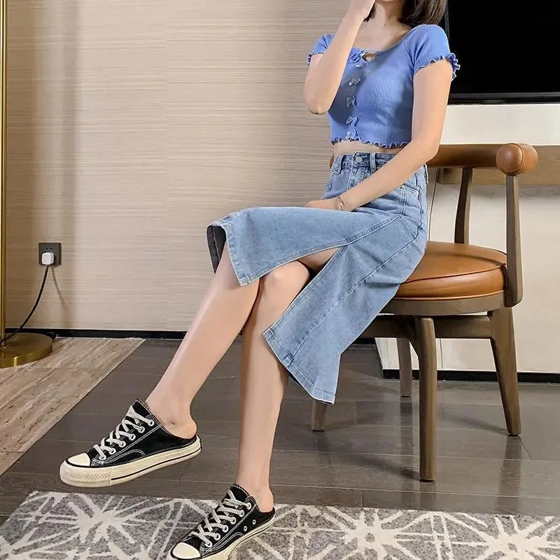Denim Midi Skirt with Side Split Detail