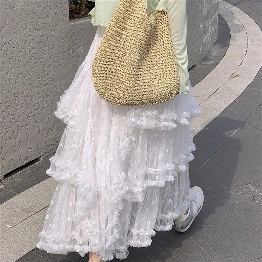 A-Line Lace Cake Loose Midi Skirt