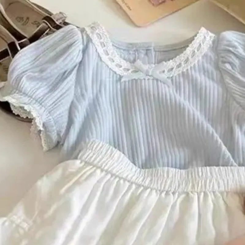 Solid Color Bow Short Sleeved T-shirt Culottes Two Piece Set