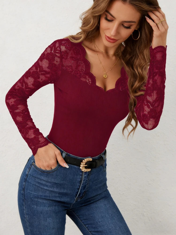 Solid Color Lace Long Sleeve Top