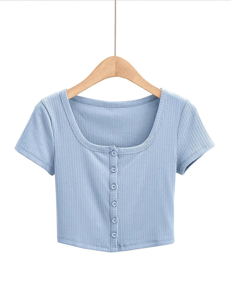 Rib Button Through Short Sleeve Top