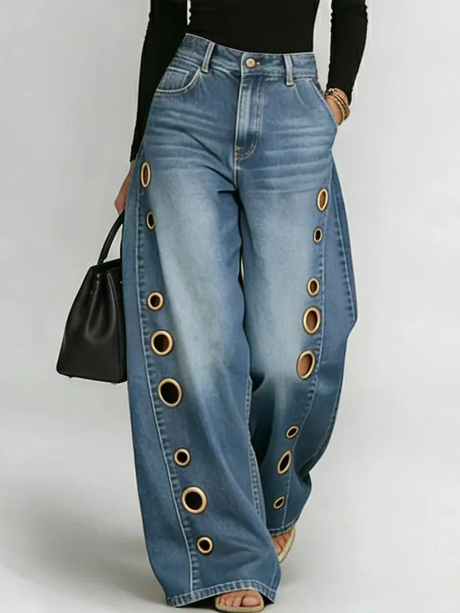 High Waist Straight Leg Metal Ring Hollow Denim Pants