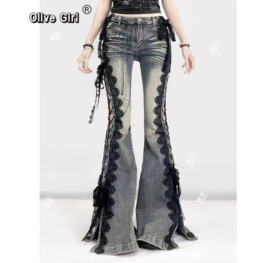 Low-Rise Lace-Up Flare Jeans with Vintage Wash and Black Lace Trim