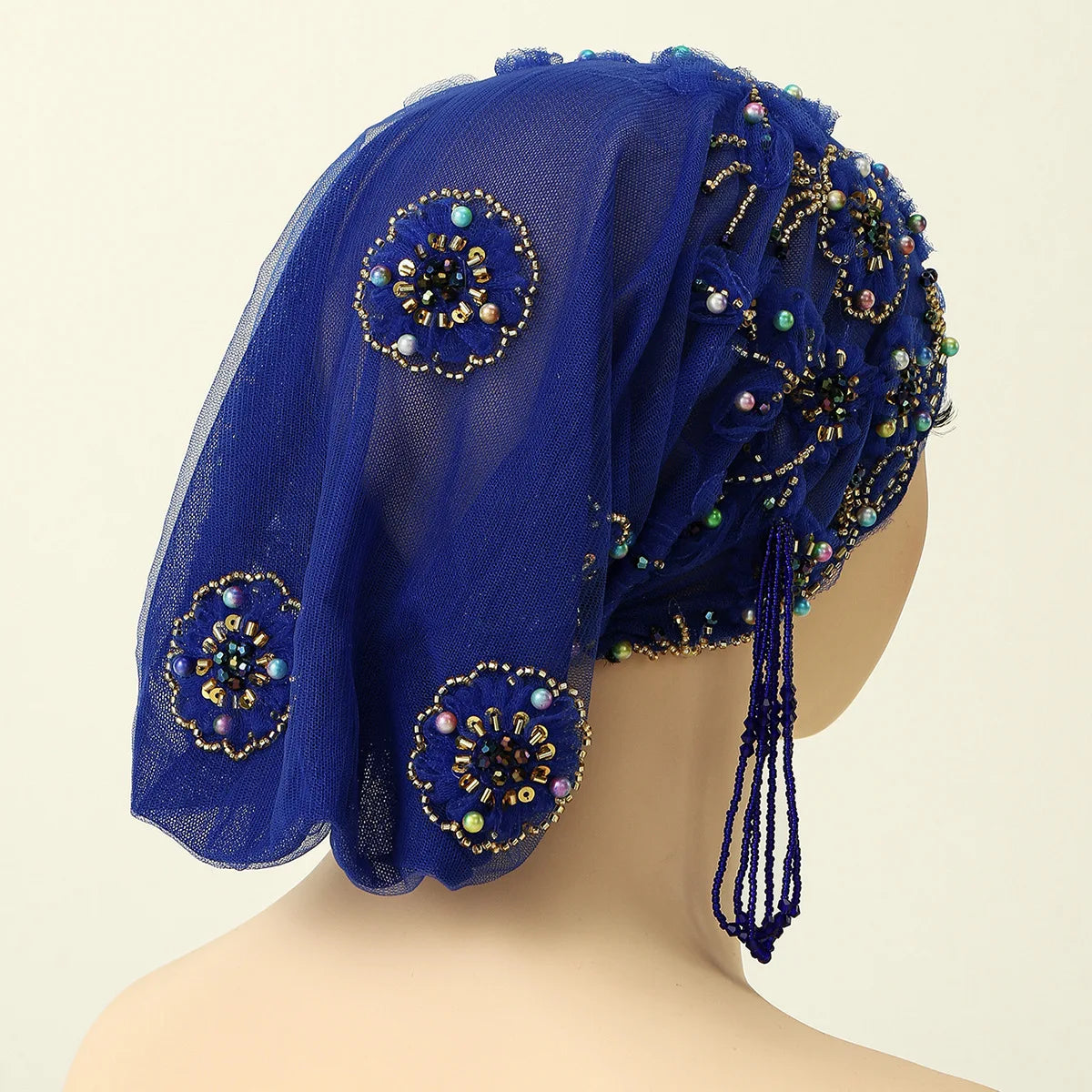 New Lace Embroidery Bonnet Turban Tassel Beaded Hat Women Muslim Hijab Beanies Islam Wedding Headscarf Party Wrap Turbante Mujer