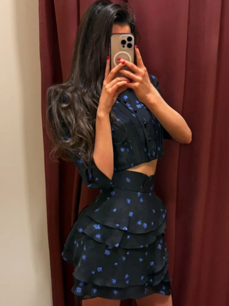 Bubble Sleeves O-neck Crop Top Layered Ruffle Set