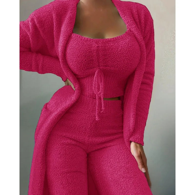 Teddy Velvet Crop Top + Cardigan Coat + Pants Set