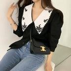 Embroidered Contrast Collar Blouse
