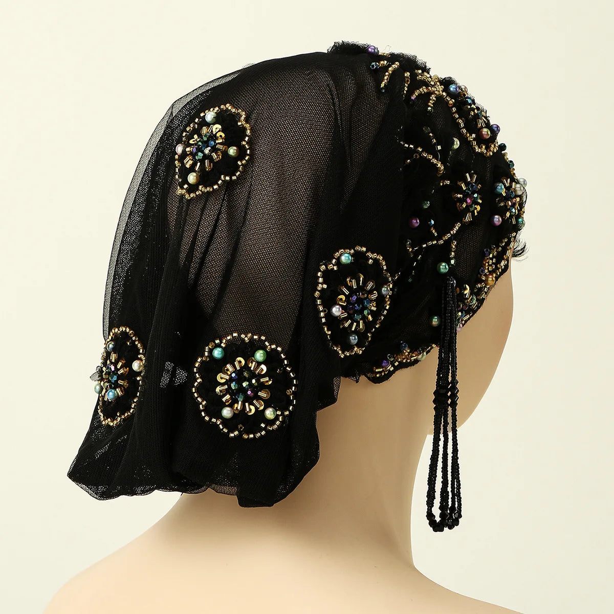 New Lace Embroidery Bonnet Turban Tassel Beaded Hat Women Muslim Hijab Beanies Islam Wedding Headscarf Party Wrap Turbante Mujer