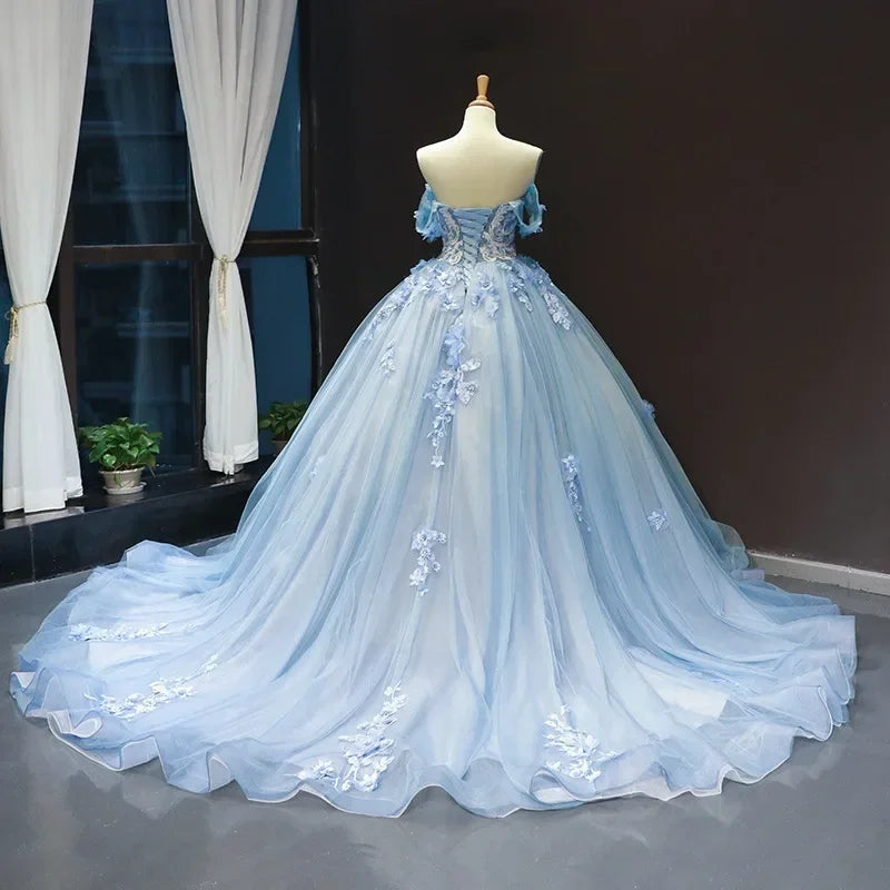 Blue Floral Applique Ball Gown