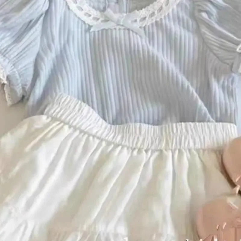 Solid Color Bow Short Sleeved T-shirt Culottes Two Piece Set