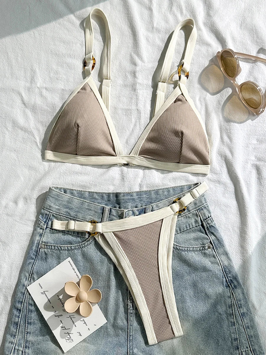 Splicing Ribbed High Cut Ring Mini Bikini