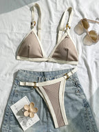 Splicing Ribbed High Cut Ring Mini Bikini
