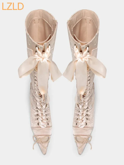 Sweet Pointed Straps Knee Boots
