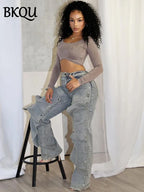High-Waisted Wide-Leg Cargo Jeans with Snap Button Overlays