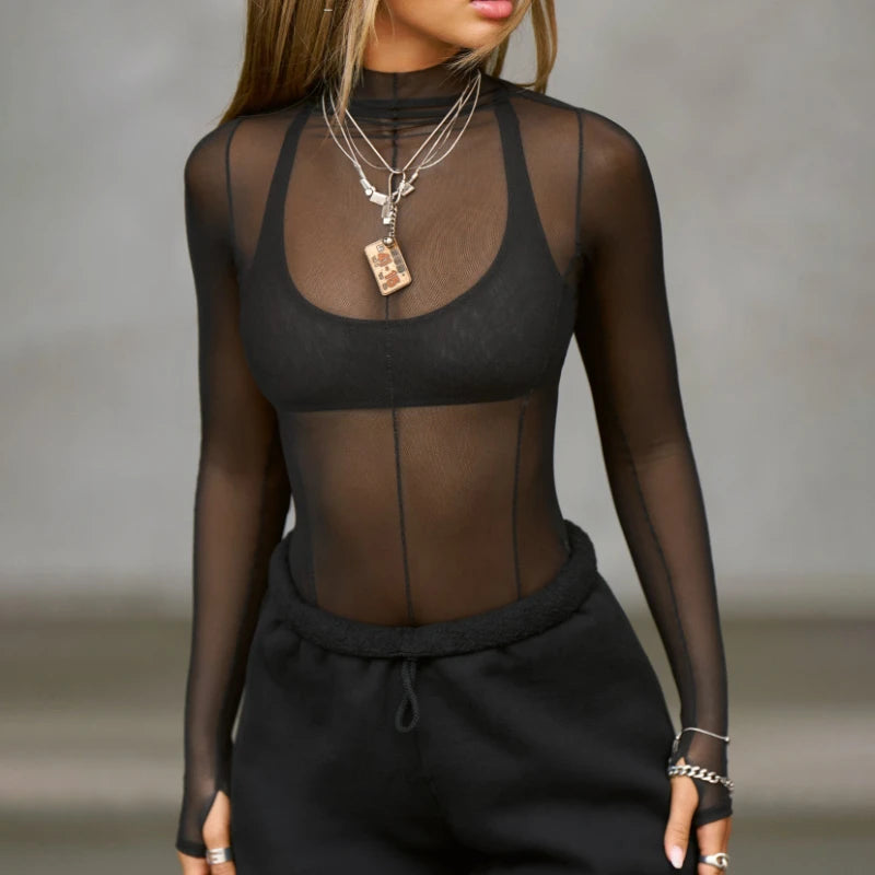 Sheer Mesh See Through Long-Sleeve Top