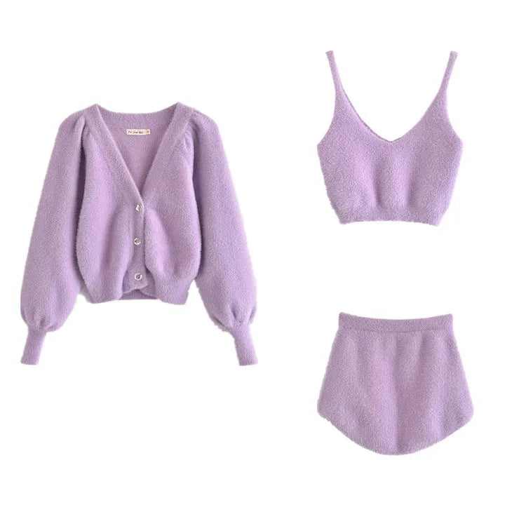 Taruxy Plush Mohair Drill Button Cardigan Coats With Bra Tops And Mini Shorts Set