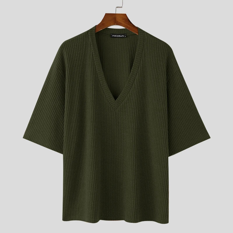 V Neck Half Sleeve Solid Color Ribbed Knitted Shirt
