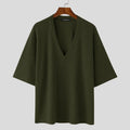 V Neck Half Sleeve Solid Color Ribbed Knitted Shirt