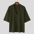 V Neck Half Sleeve Solid Color Ribbed Knitted Shirt