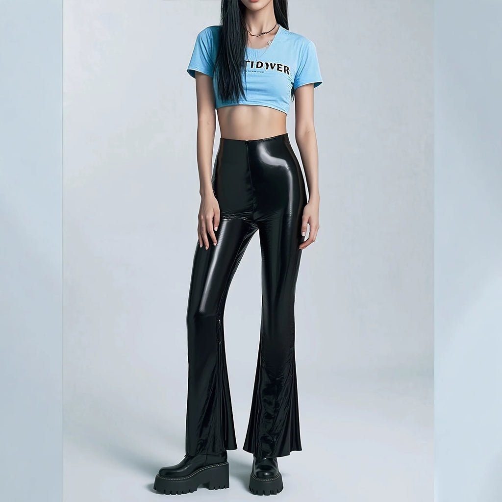 High Waist Black PU Mirror Leather Pants