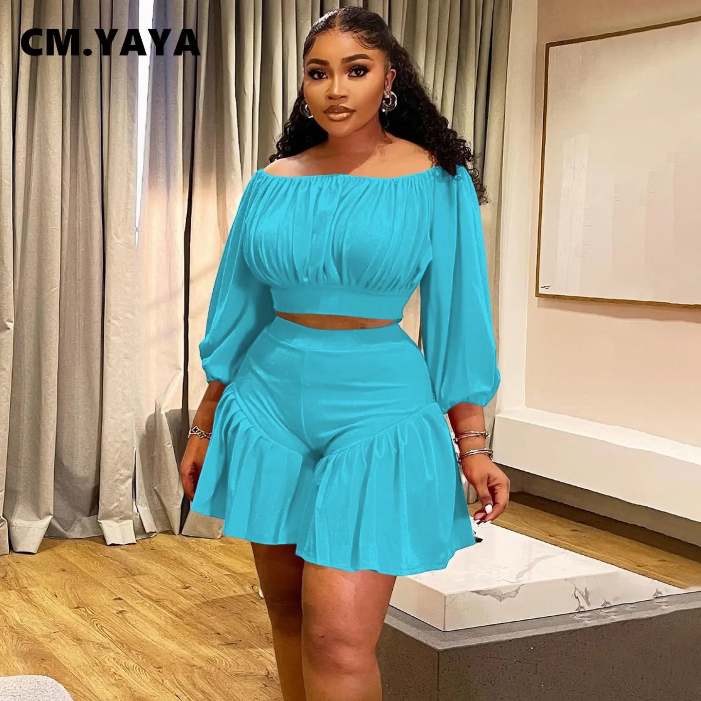 CM.YAYA Long Sleeve Slash Neck T-Shirt and Shorts Set