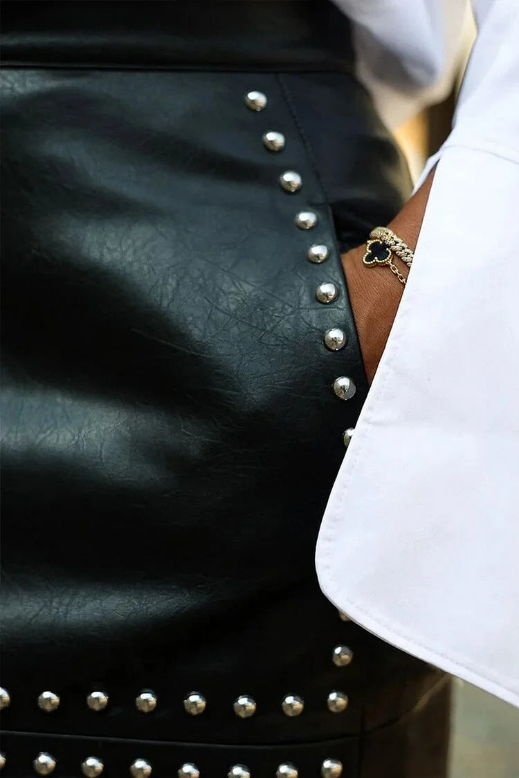 Faux Leather Studded Split High Waist Skirt