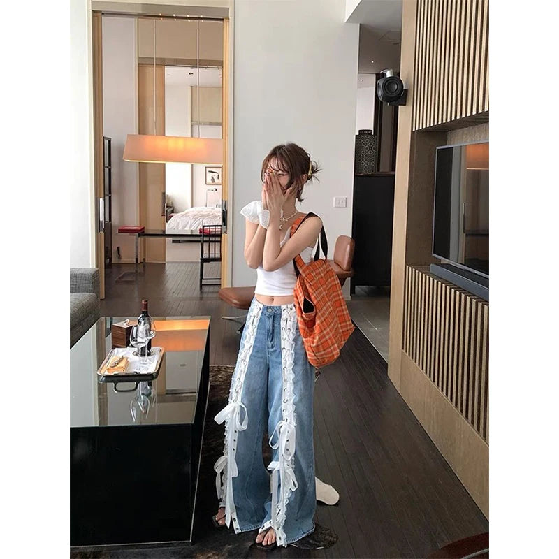 Bow Lace Patchwork Bandage Denim Pants